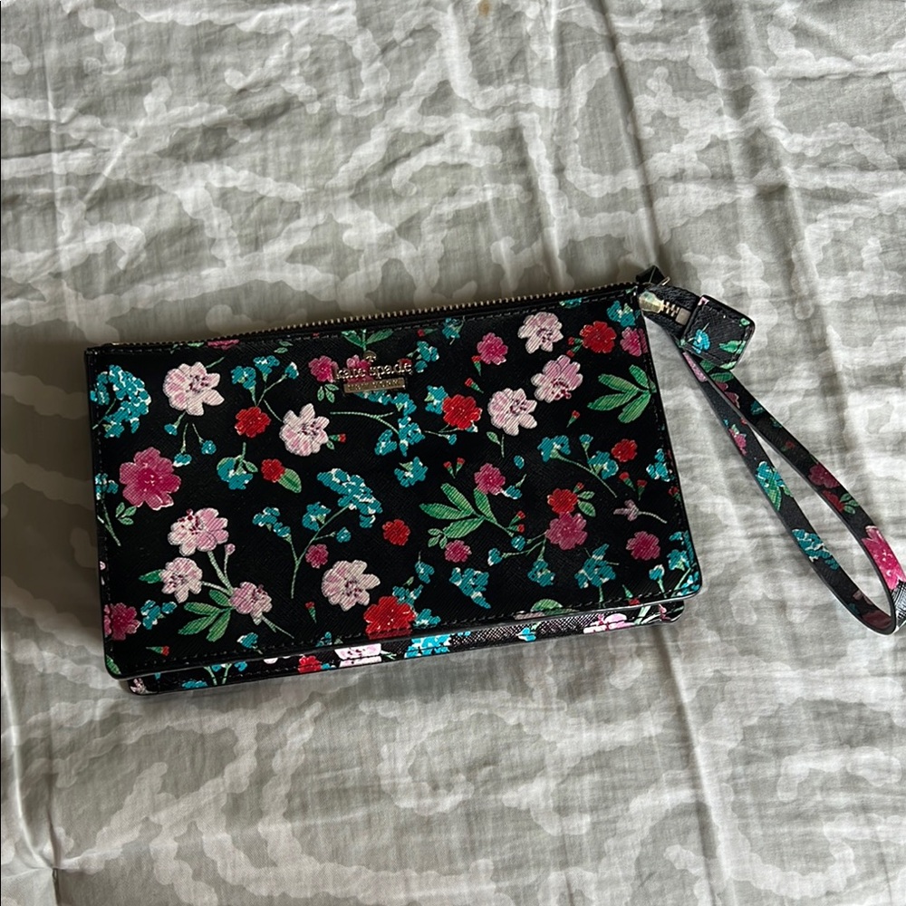 EUC Kate Spade Black and Pink Floral Clutch Wristlet